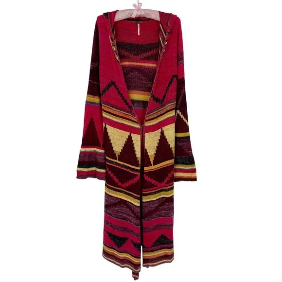 Free People Hooded Long Multicolor Cardigan | Boho Coastal Cowgirl Tribal Indie - Picture 2 of 16
